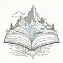 a floating mountain with water falling of the edge. And the base of the moutain is an open book  tattoo design idea