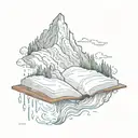 a floating mountain with water falling of the edge. And the base of the moutain is an open book  tattoo design idea
