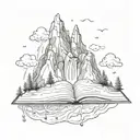 a floating mountain with water falling of the edge. And the base of the moutain is an open book  tattoo design idea