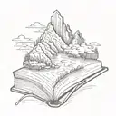 a floating mountain with water falling of the edge. And the base of the moutain is an open book  tattoo design idea