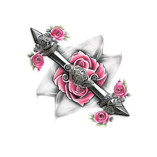 two swords with roses and old german lettering tattoo design idea