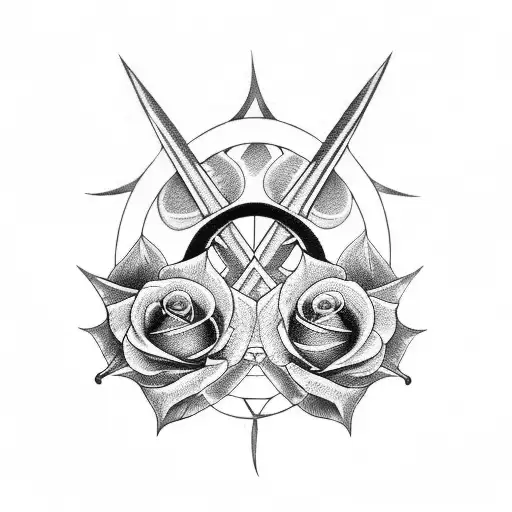 two crossed swords upside down with roses around tattoo design idea