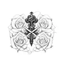 two crossed swords upside down with roses around tattoo design idea