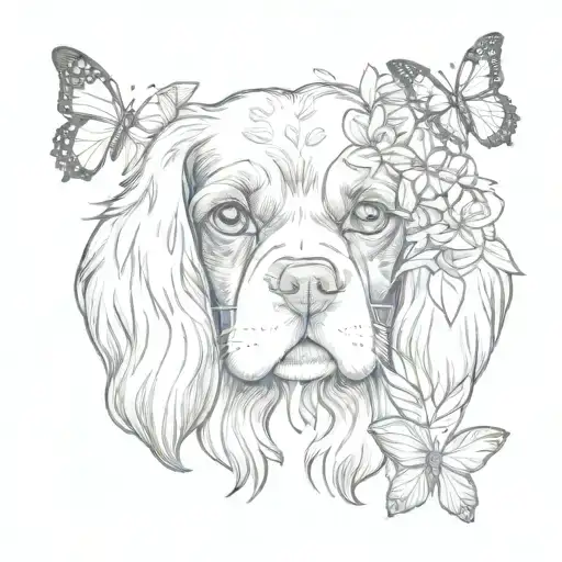 cavalier king charles spaniel with flowers and butterflies tattoo design idea