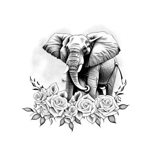 elephant with roses, lillis and snap dragons surrounding it tattoo design idea