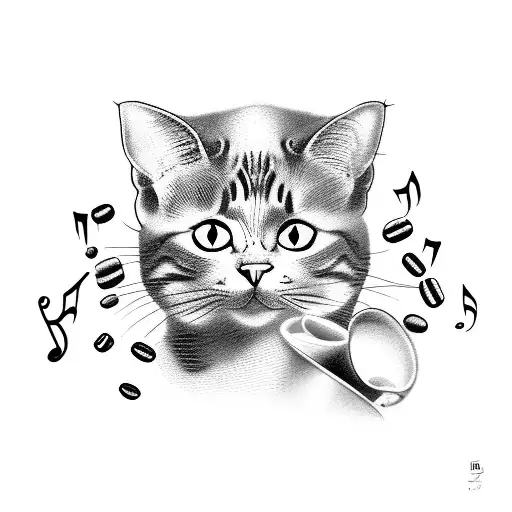 A whimsical composition of a cat playing a musical instrument surrounded by flowers and coffee beans tattoo design idea