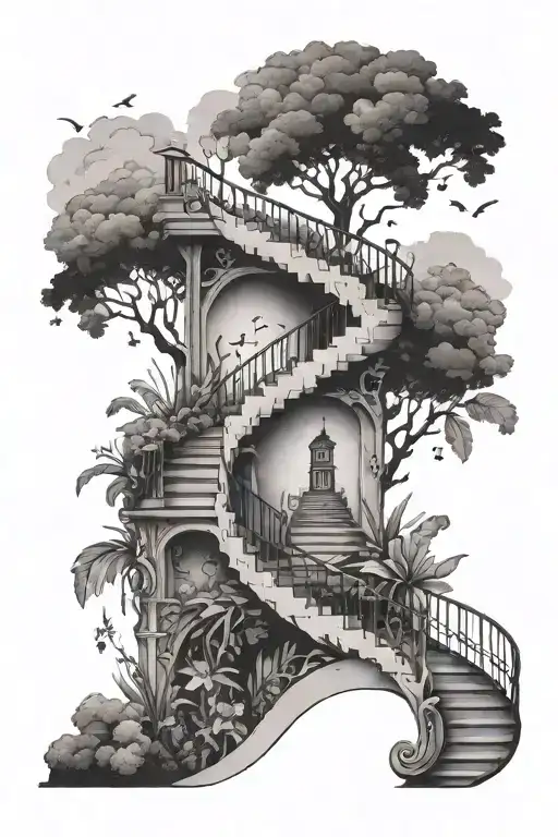 Negative space universe on one side with negative space flora on the other side, separated by a zig zag staircase  tattoo design idea