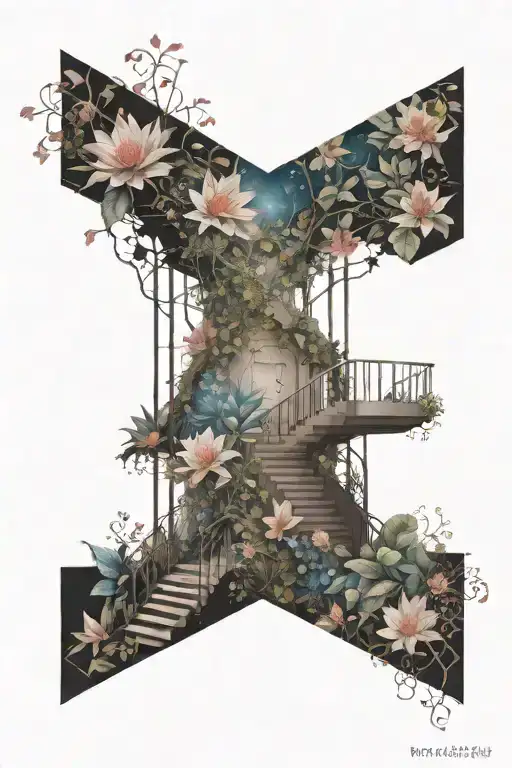 negative space cosmos on one side, negative space flora on the other side, separated by a thin soft zig zag staircase  tattoo design idea