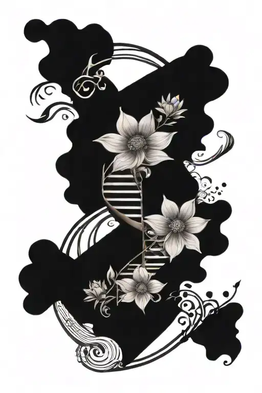 negative space cosmos on one side, negative space flora on the other side, separated by a thin soft zig zag staircase  tattoo design idea