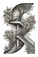 Negative space universe on one side with negative space flora on the other side, separated by a zig zag staircase  tattoo design idea