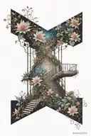 negative space cosmos on one side, negative space flora on the other side, separated by a thin soft zig zag staircase  tattoo design idea