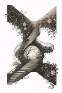 negative space cosmos on one side, negative space flora on the other side, separated by a thin soft zig zag staircase  tattoo design idea