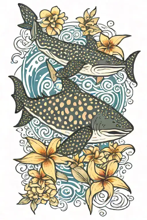 whale shark, sea turtle, ocean, plumeria tattoo design idea