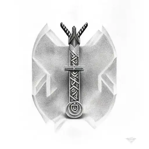 Thor's hammer ingraved with Runes with a Vegvísir in the background  tattoo design idea