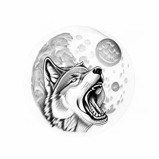 A dotwork tattoo of a wolf howling at the moon with boxing gloves on tattoo design idea