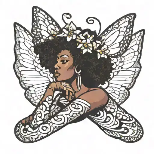 afro woman sitting with butterfly wings tattoo design idea