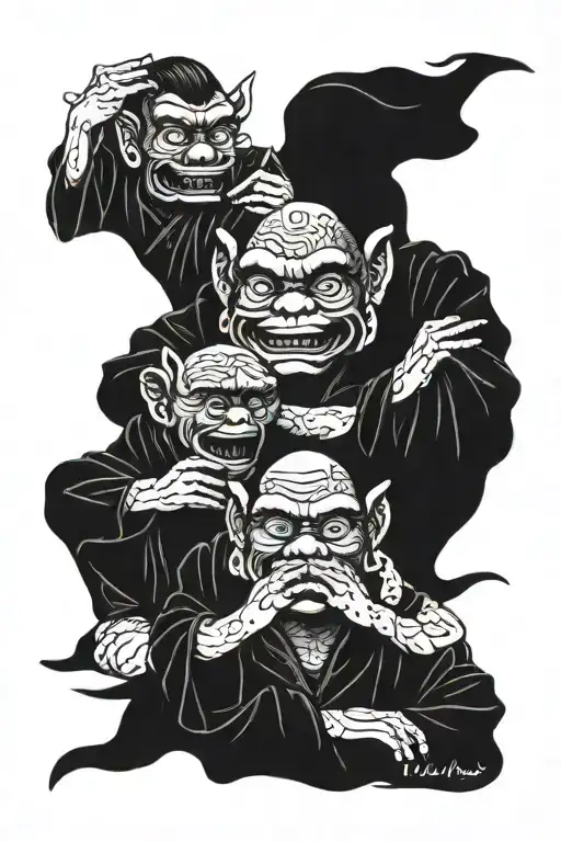 hear no evil, see no evil, speak no evil in asian  calligraphy  tattoo design idea