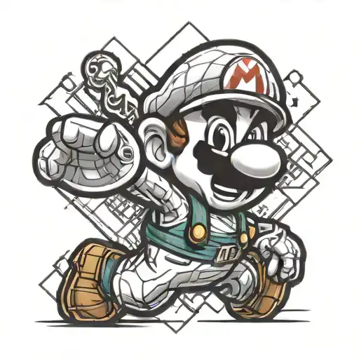 A playful tattoo design featuring a Super Mario character, bold outlines, detailed shading, whimsical expression, i tattoo design idea