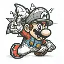 A playful tattoo design featuring a Super Mario character, bold outlines, detailed shading, whimsical expression, i tattoo design idea
