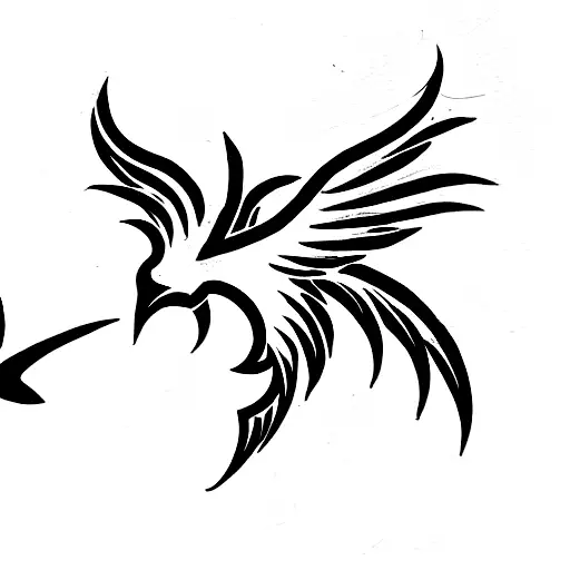 phoenix with tail joining an upside down trident tattoo design idea