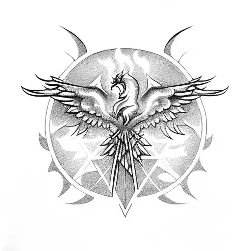 phoenix with tail joining an upside down trident tattoo design idea