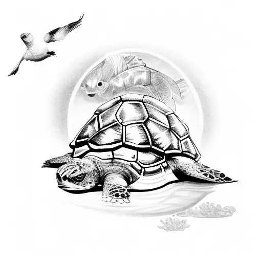 Animals, dog with birds with turtles with fish  tattoo design idea