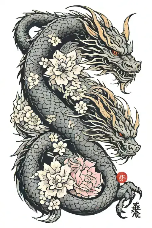 Dragon with Japanese kanji brave and strength with cherry blossom flowers and samurai sword  tattoo design idea