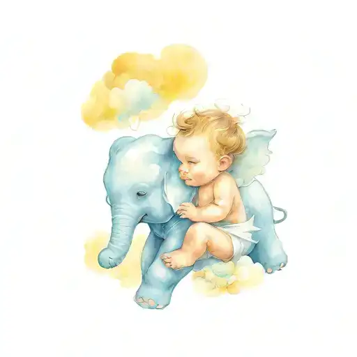 happy baby angel with a cute baby elephant in the clouds tattoo design idea
