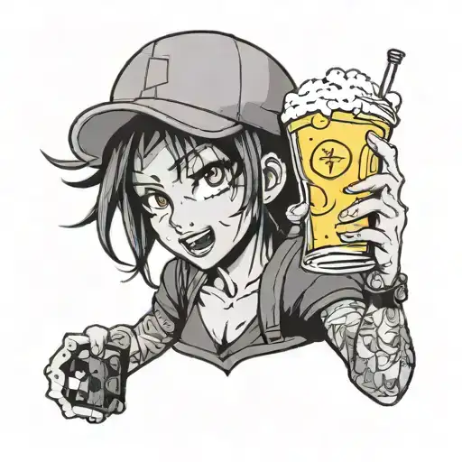 A black and grey tattoo of a sexy manga character holding a beer and solving a Rubik's cube, with subtle hints of food in the background tattoo design idea