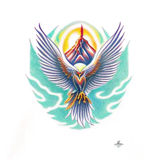 Phoenix born out of volcano tattoo design idea