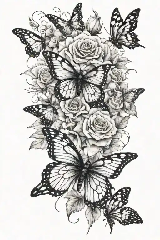 Butterflies, roses, bees flying tattoo design idea