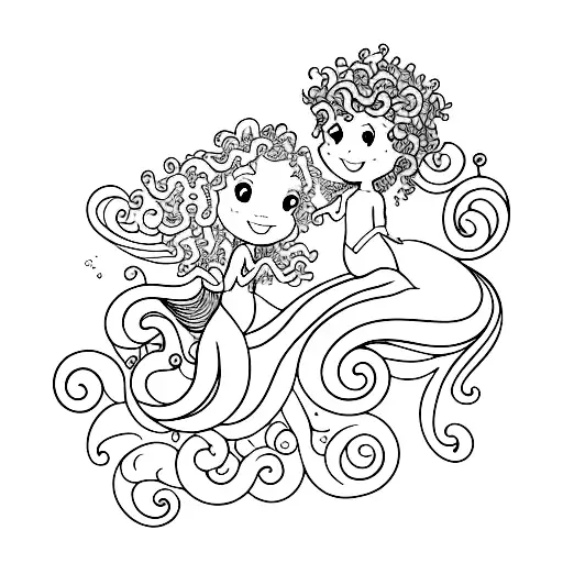 curly-haired mermaid and fairy touching tattoo design idea