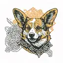 A silly corgi with a writing "Это кепик" Around these images tattoo design idea