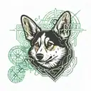 A silly corgi with a writing "Это кепик" Around these images tattoo design idea