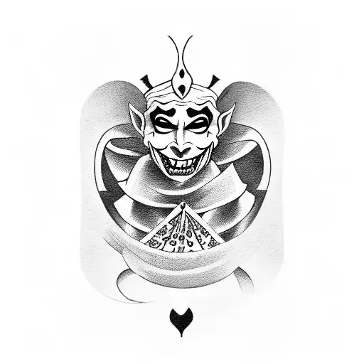 A blackwork tattoo of a sinister and playful jester holding a deck of cards with the symbols of the seven deadly sins on them. tattoo design idea