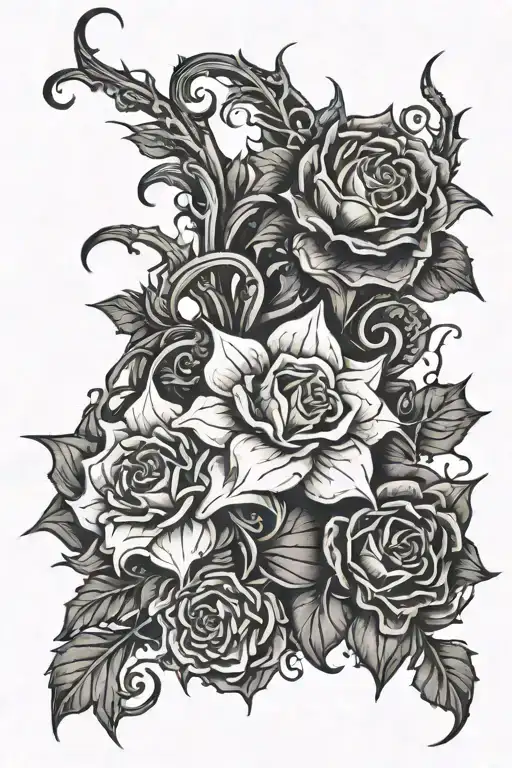Tendril, thorns, flowers tattoo design idea