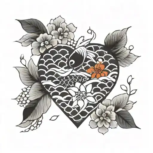 A geometric heart design incorporating traditional Japanese elements such as cherry blossoms and koi fish tattoo design idea