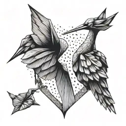 A dotwork design of a pair of origami cranes forming a heart shape, symbolizing love and peace in Japanese culture tattoo design idea