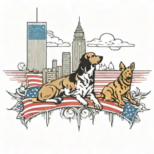twin towers and dog and American flag tattoo design idea