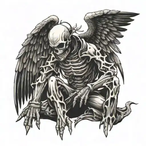 incremental lines, skull demon kneeling angel tattoo design idea
