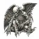 incremental lines, skull demon kneeling angel tattoo design idea
