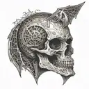 incremental lines, skull demon kneeling angel tattoo design idea