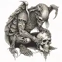 incremental lines, skull demon kneeling angel tattoo design idea