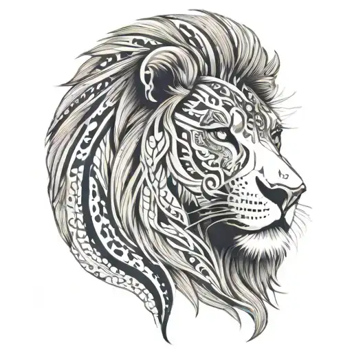 tribal tattoo of a lion with blue eyes, side facing head, with long main, looking focused, white background tattoo design idea