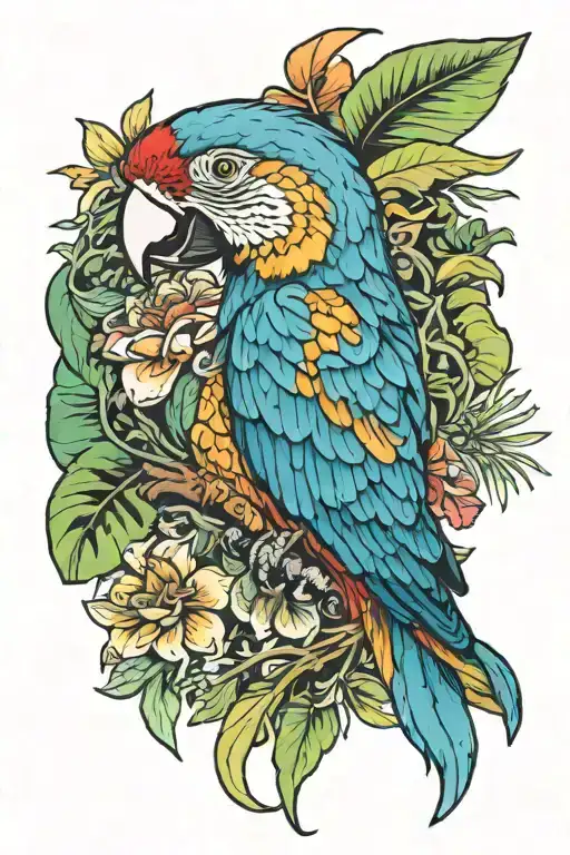 a jungle theme arm sleeve featuring a macaw and iguana  tattoo design idea