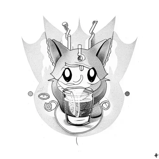 A playful composition of cartoon characters and anime animals enjoying a drink together tattoo design idea