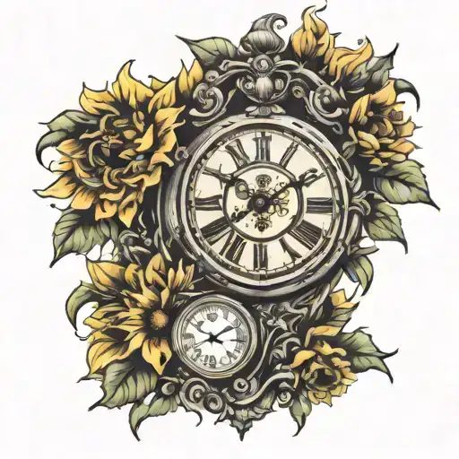 grandfather clock surrounded with sunflowers  tattoo design idea