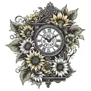 grandfather clock surrounded with sunflowers  tattoo design idea