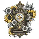 grandfather clock surrounded with sunflowers  tattoo design idea