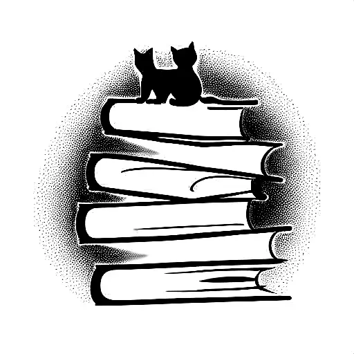 stack of books with cat magical tattoo design idea